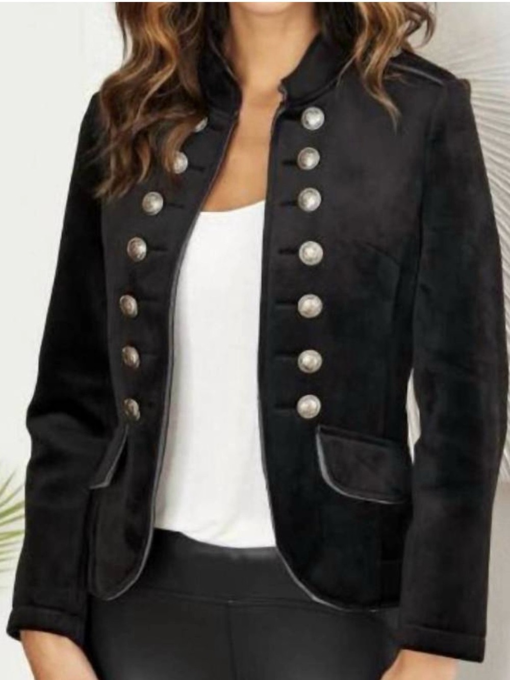Black Military-Style Women's Blazer with Silver Buttons